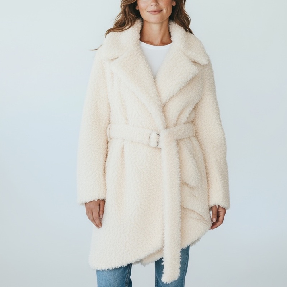 RtA Eloise Plush Jacket coat‎ slanted White soft fuzzy oversized belt size XXS